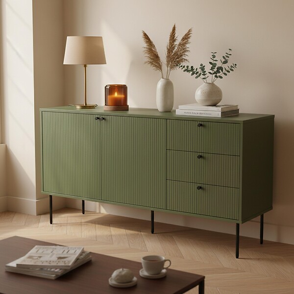 OVIALA - Buffet 2 portes et 3 tiroirs décor mélaminé 150 cm vert olive - Romeo - large