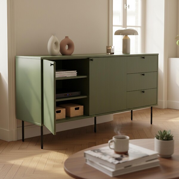 OVIALA - Buffet 2 portes et 3 tiroirs décor mélaminé 150 cm vert olive - Romeo - large
