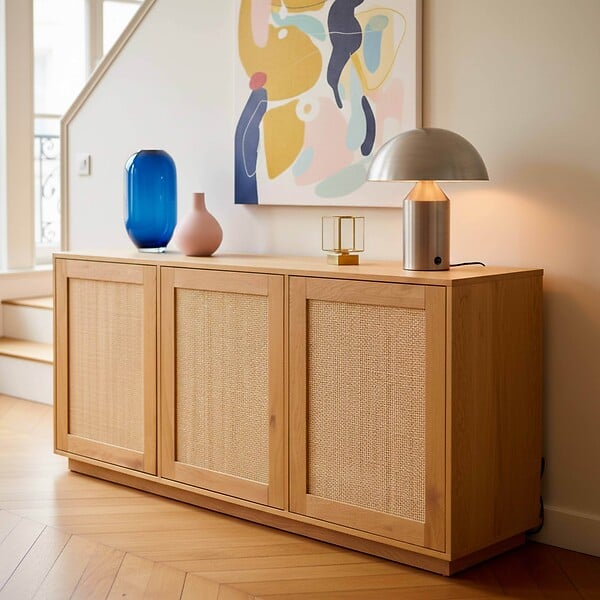 OVIALA - Buffet effet bois 3 portes en rotin L 160 cm bois clair  - Walter - large