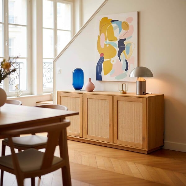 OVIALA - Buffet effet bois 3 portes en rotin L 160 cm bois clair  - Walter - large