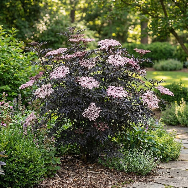 BLOOMIQUE - Lot de 2 - Sambucus Nigra Black Lace - Sureau noir - Plantes jardin - H. 30-40 cm - P. 19 cm - large