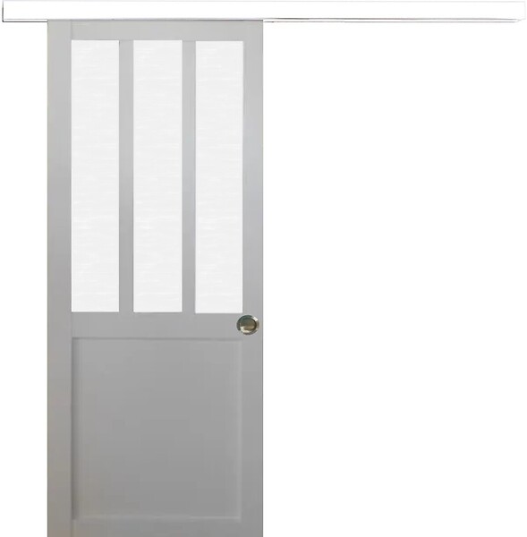 GD MENUISERIES - Porte Coulissante Atelier Blanc vitre depoli H204 x L73 cm, Rail alu Bandeau Blanc, Coquilles - large