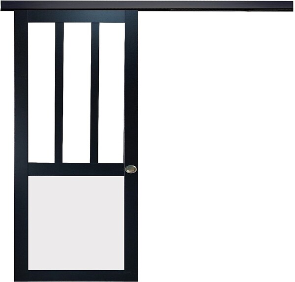 GD MENUISERIES - Porte Coulissante Atelier noir, blanc Vitrée H204 x L83 cm, Rail Alu Bandeau Noir, Coquilles - large