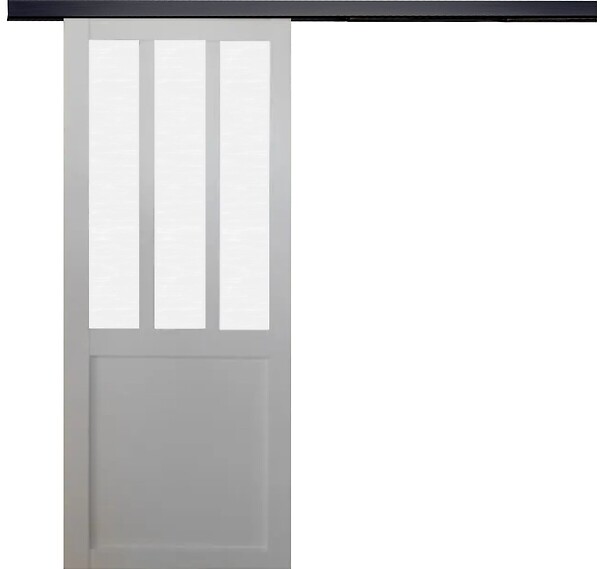 GD MENUISERIES - Porte Coulissante Atelier blanc vitre depoli H204 x L83 cm, Rail Alu bandeau noir - large