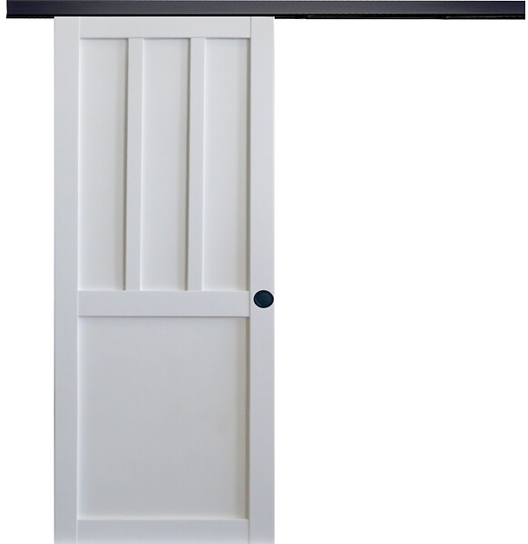 GD MENUISERIES - Porte Coulissante Atelier 2 panneaux blanc H204 x L73 cm, Rail Alu bandeau noir, Coquilles Noir - large