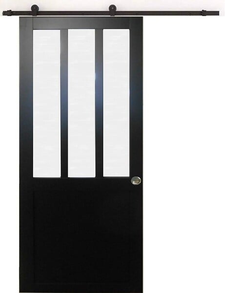 GD MENUISERIES - Porte Coulissante Atelier Noir vitre depoli H204 x L83 cm, Rail Roulettes, Coquilles - large