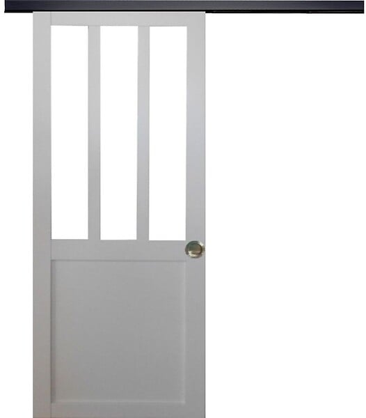 GD MENUISERIES - Porte Coulissante Atelier blanc H204 x L73 cm, Rail Alu bandeau noir, Coquilles - large