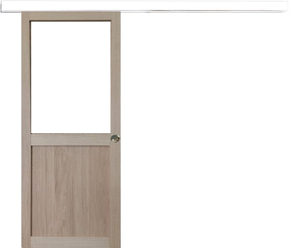 GD MENUISERIES - Porte Coulissante Atelier placage chene Vitrée H204 x L73 cm, Rail Alu Bandeau Blanc, Coquilles - large