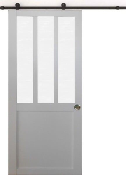 GD MENUISERIES - Porte Coulissante Atelier blanc vitre depoli H204 x L83 cm, Rail Roulettes, Coquilles - large