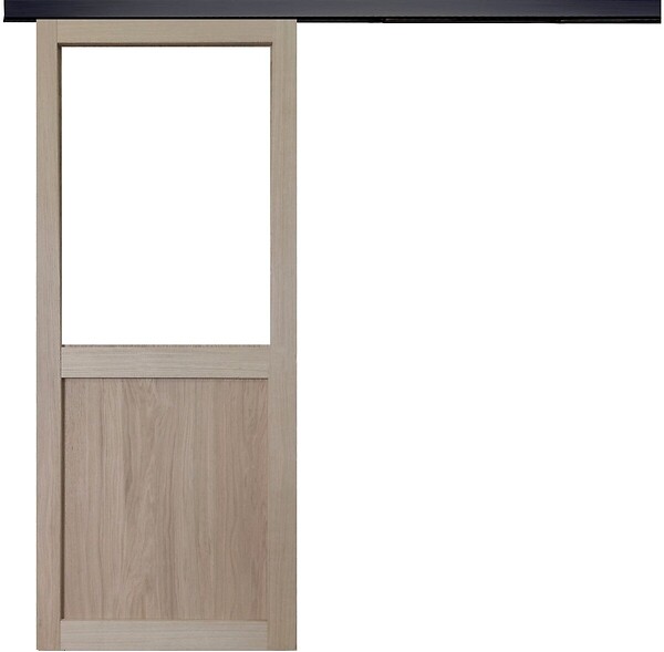 GD MENUISERIES - Porte Coulissante Atelier placage chene Vitrée H204 x L73 cm, Rail Alu bandeau noir - large