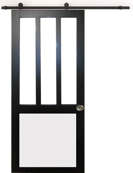 GD MENUISERIES - Porte Coulissante Atelier noir, blanc Vitrée H204 x L73 cm, Rail Roulettes, Coquilles - large
