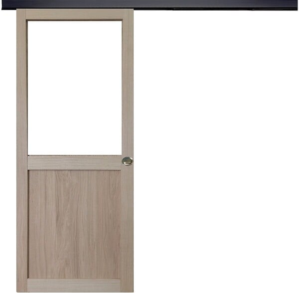 GD MENUISERIES - Porte Coulissante Atelier placage chene Vitrée H204 x L83 cm, Rail Alu bandeau noir, Coquilles - large