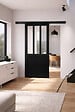 GD MENUISERIES - Porte Coulissante Atelier Noir H204 x L93 cm, Rail alu Bandeau Noir, Coquilles Noir - vignette
