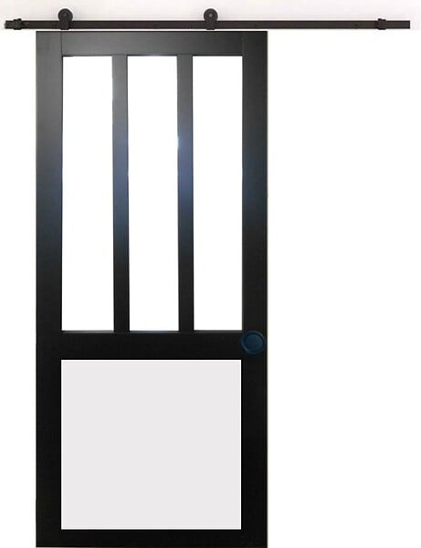 GD MENUISERIES - Porte Coulissante Atelier noir, blanc Vitrée H204 x L83 cm, Rail Roulettes, Coquilles Noir - large