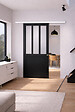 GD MENUISERIES - Porte Coulissante Atelier Noir vitre depoli H204 x L73 cm, Rail Alu Bandeau blanc, Coquilles - vignette