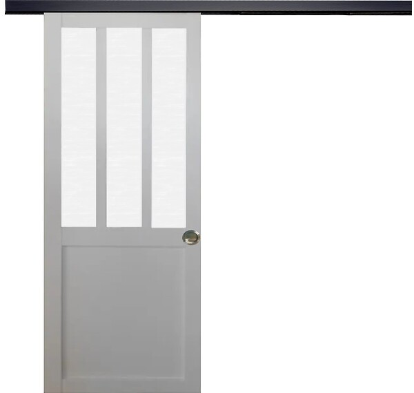 GD MENUISERIES - Porte Coulissante Atelier blanc vitre depoli H204 x L83 cm, Rail Alu bandeau noir, Coquilles - large