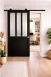 GD MENUISERIES - Porte Coulissante Atelier Noir vitre depoli H204 x L73 cm, Rail Roulettes, Coquilles - vignette