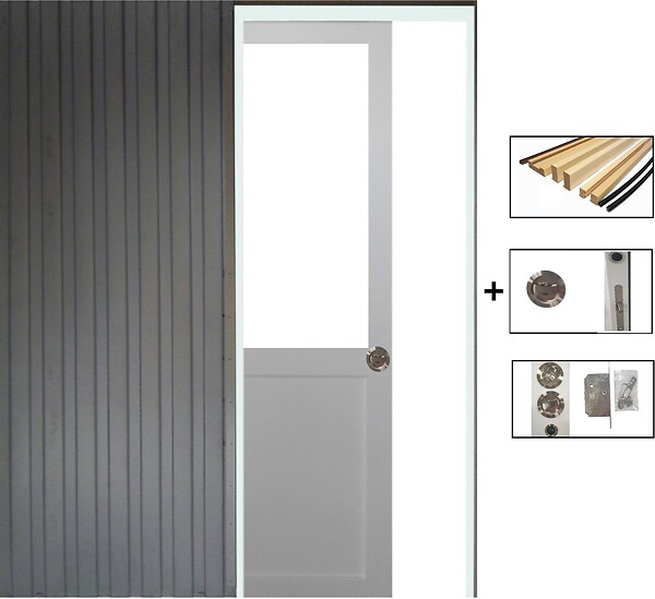GD MENUISERIES - Porte Coulissante Atelier Blanc H204 x L83 cm sans meneau, Galandage, kit de finition - large