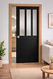 GD MENUISERIES - Porte Coulissante Atelier Noir vitre depoli H204 x L83 cm, Galandage, kit finition - vignette