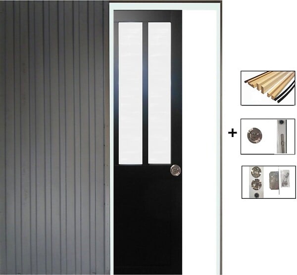 GD MENUISERIES - Porte Coulissante Atelier Noir vitre depoli H204 x L83 cm, Galandage, kit finition - large