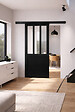GD MENUISERIES - Porte Coulissante Atelier Noir H204 x L83 cm, Rail alu Bandeau Noir, Coquilles Noir - vignette