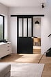 GD MENUISERIES - Porte Coulissante Atelier Noir vitre depoli H204 x L73 cm, Rail alu Bandeau Noir, Coquilles - vignette
