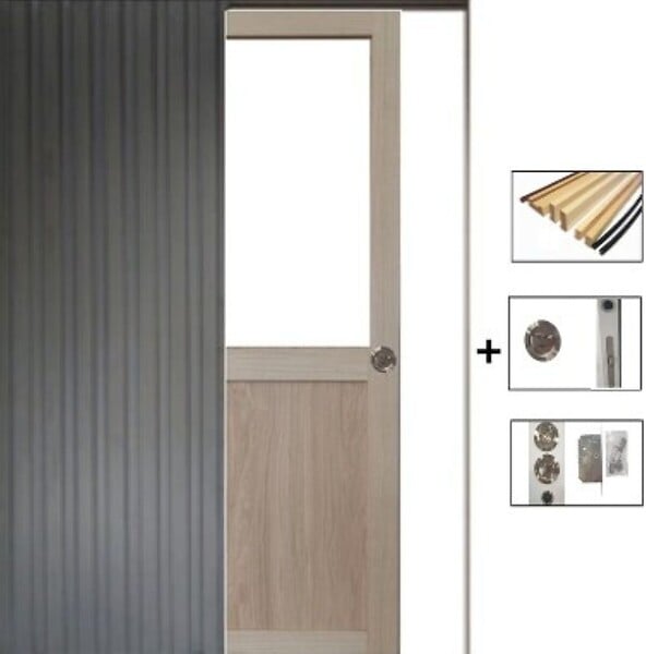 GD MENUISERIES - Porte Coulissante Atelier placage chene Vitrée H204 x L83 cm, Galandage, kit finition - large