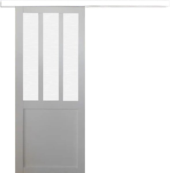 GD MENUISERIES - Porte Coulissante Atelier Blanc vitre depoli H204 x L73 cm, Rail alu Bandeau Blanc - large