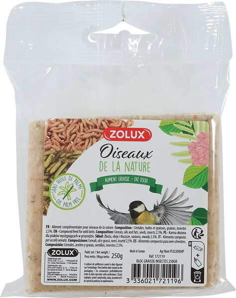 ZOLUX - Bloc de graisse aux insectes 250 g - oiseaux sauvages - large