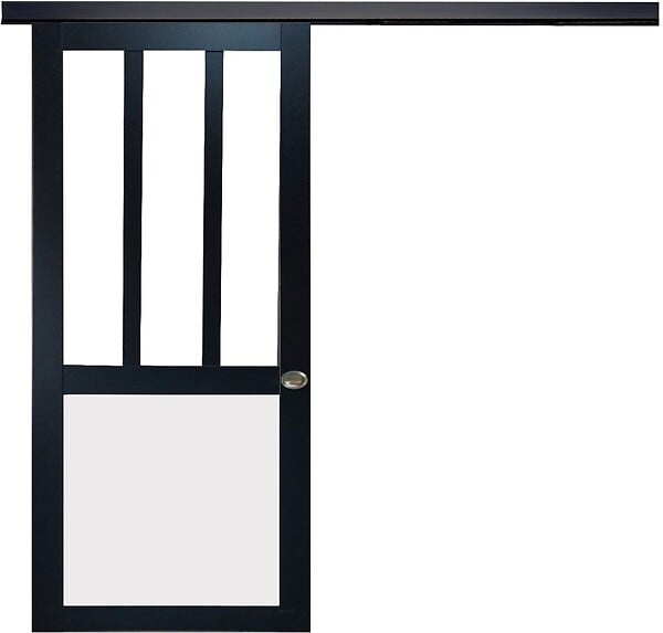 GD MENUISERIES - Porte Coulissante Atelier noir, blanc Vitrée H204 x L83 cm, Rail Alu Bandeau Noir, Coquilles - large