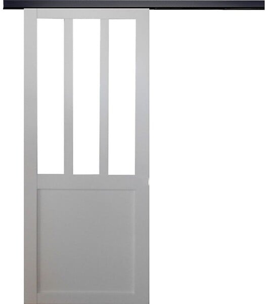 GD MENUISERIES - Porte Coulissante Atelier blanc H204 x L83 cm, Rail Alu bandeau noir - large
