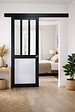 GD MENUISERIES - Porte Coulissante Atelier noir, blanc Vitrée H204 x L73 cm, Rail Alu Bandeau Noir, Coquilles - vignette