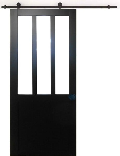 GD MENUISERIES - Porte Coulissante Atelier Noir H204 x L83 cm, Rail roulettes, Coquilles Noir - large