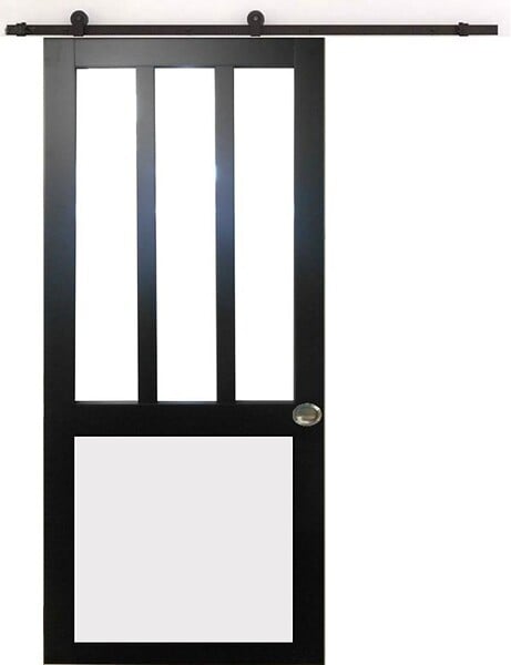 GD MENUISERIES - Porte Coulissante Atelier noir, blanc Vitrée H204 x L83 cm, Rail Roulettes, Coquilles - large
