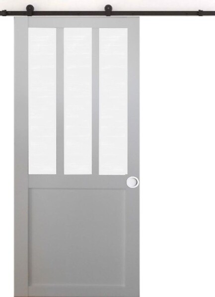 GD MENUISERIES - Porte Coulissante Atelier blanc vitre depoli H204 x L93 cm, Rail Roulettes, Coquilles blanc - large