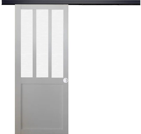 GD MENUISERIES - Porte Coulissante Atelier blanc vitre depoli H204 x L83 cm, Rail Alu bandeau noir, Coquilles blanc - large