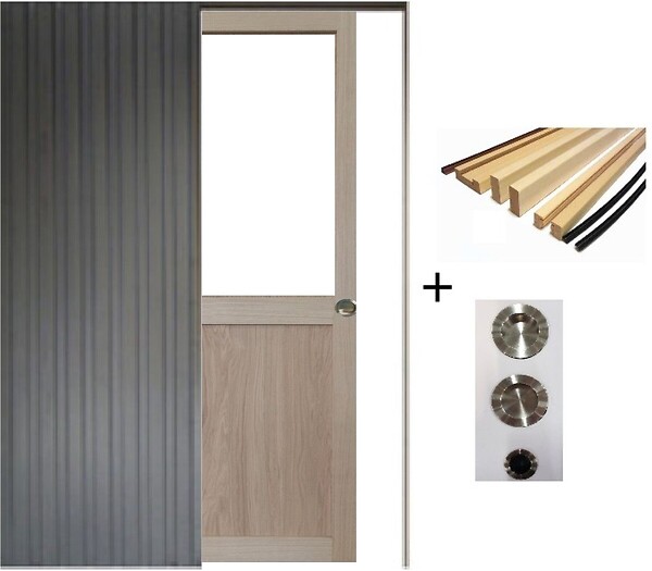 GD MENUISERIES - Porte Coulissante Atelier placage chene Vitrée H204 x L73 cm, Galandage, kit finition (coquille et tire doigt) - large
