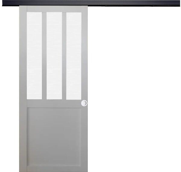 GD MENUISERIES - Porte Coulissante Atelier blanc vitre depoli H204 x L73 cm, Rail Alu bandeau noir, Coquilles blanc - large