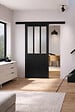 GD MENUISERIES - Porte Coulissante Atelier Noir vitre depoli H204 x L93 cm, Rail alu Bandeau Noir - vignette
