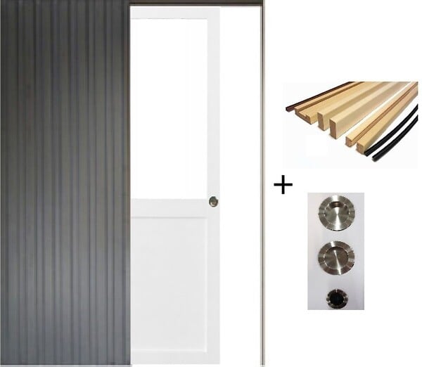 GD MENUISERIES - Porte Coulissante Atelier Blanc H204 x L93 cm sans meneau, Galandage, kit finition (coquille et tire doigt) - large