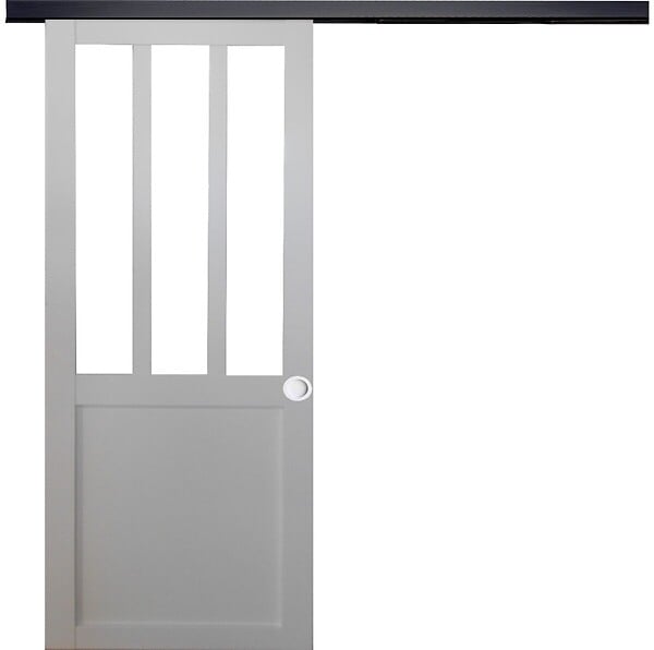 GD MENUISERIES - Porte Coulissante Atelier blanc H204 x L73 cm, Rail Alu bandeau noir, Coquilles blanc - large