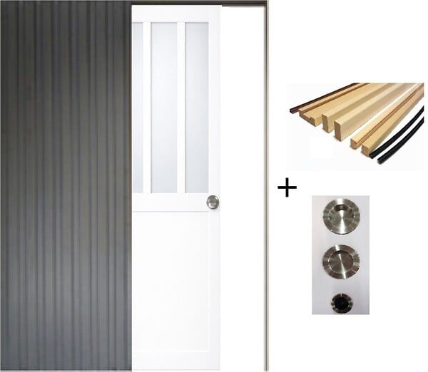 GD MENUISERIES - Porte Coulissante Atelier Blanc vitre depoli H204 x L93 cm, Galandage, kit finition (coquille et tire doigt) - large