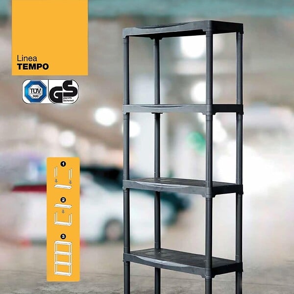 ARTPLAST - Étagère de Rangement 4 niveaux + Porte-Balai Noir Polypropylène Résistant Garage Buanderie Art Plast - large