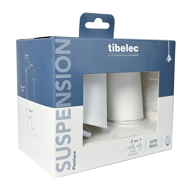 TIBELEC - Monture suspension plastique - Douille E27 - Blanc - 60W - large