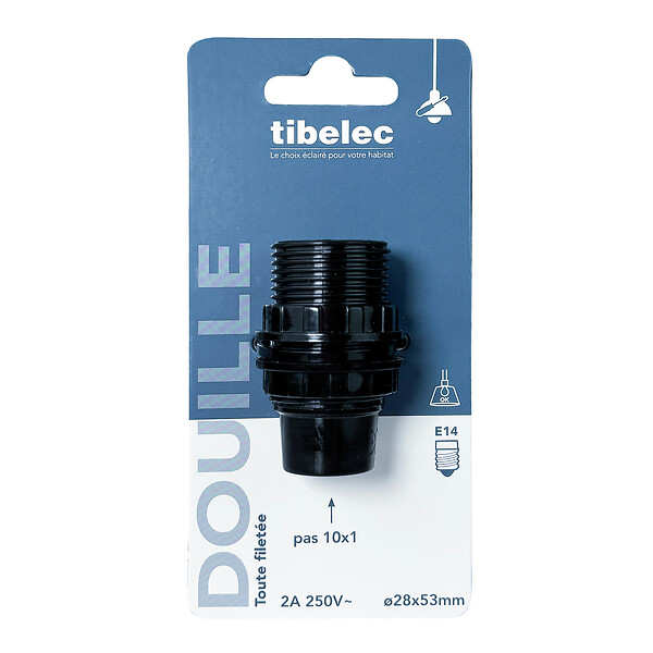 TIBELEC - Douille E14 filetée - Bakélite - Noire - 2 bagues - 40W - large