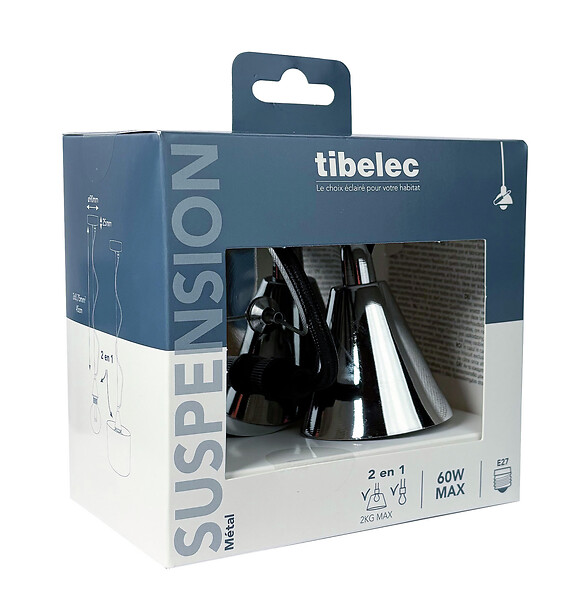 TIBELEC - Monture E27 métal chromé - Suspension plafond - Noir - large