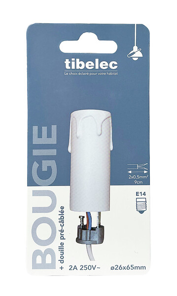 TIBELEC - Bougie plastique blanc - Douille E14 pré-câblée - 60W - large