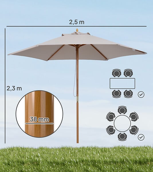 OUTSUNNY - Parasol droit hexagonal de jardin grande taille dim. Ø 2,5 x 2,3H m bambou polyester gris - large