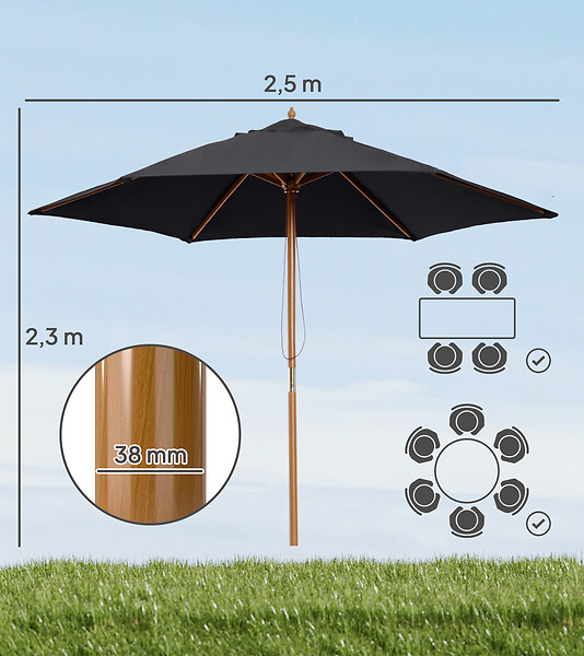 OUTSUNNY - Parasol droit hexagonal grande taille de jardin Ø 2,5 x 2,3H m bois de bambou noir - large