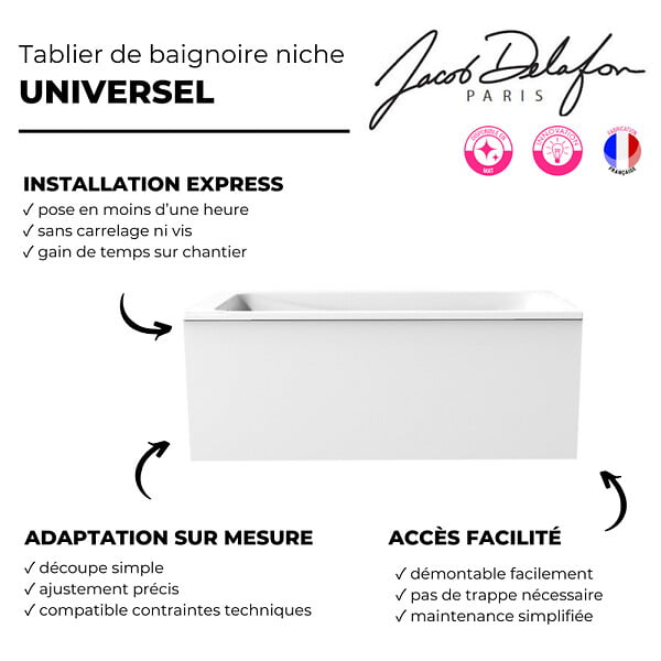 JACOB DELAFON - Tablier frontal blanc pour baignoire rectangulaire 180 x 60 cm installation niche - large
